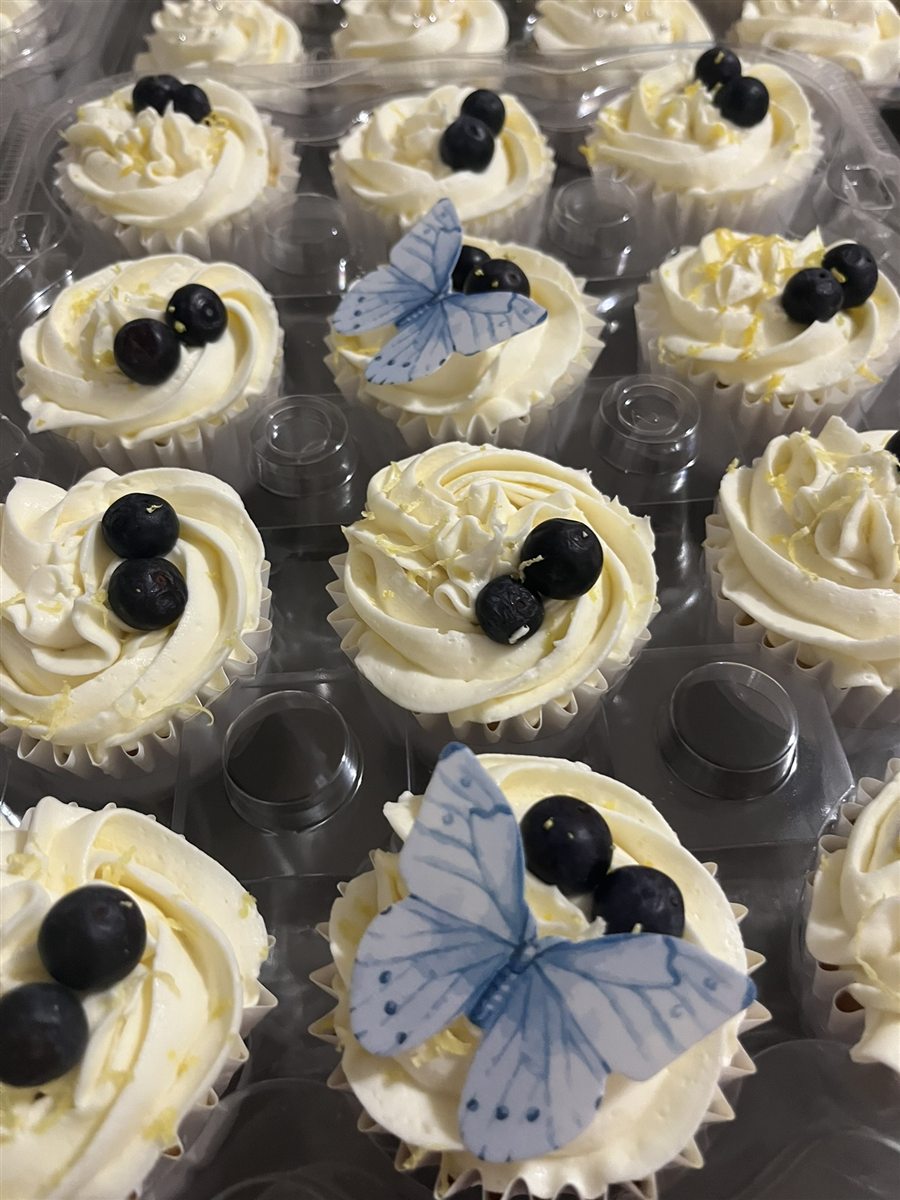 Blueberry lemon cupcakes with buttercream and blue butterflies
